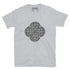 A sport grey Xigfireon graphic t-shirt featuring the Black & White Solid iteration of the Reach Of The Spirit Celtic knot design. The Reach Of The Spirit Celtic knot represents Mother Earth.