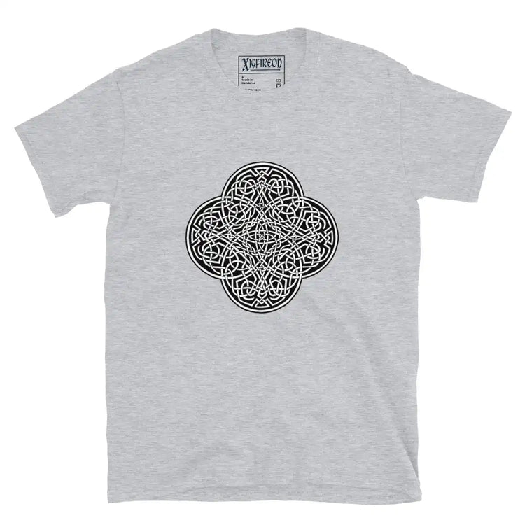 A sport grey Xigfireon graphic t-shirt featuring the Black & White Solid iteration of the Reach Of The Spirit Celtic knot design. The Reach Of The Spirit Celtic knot represents Mother Earth.