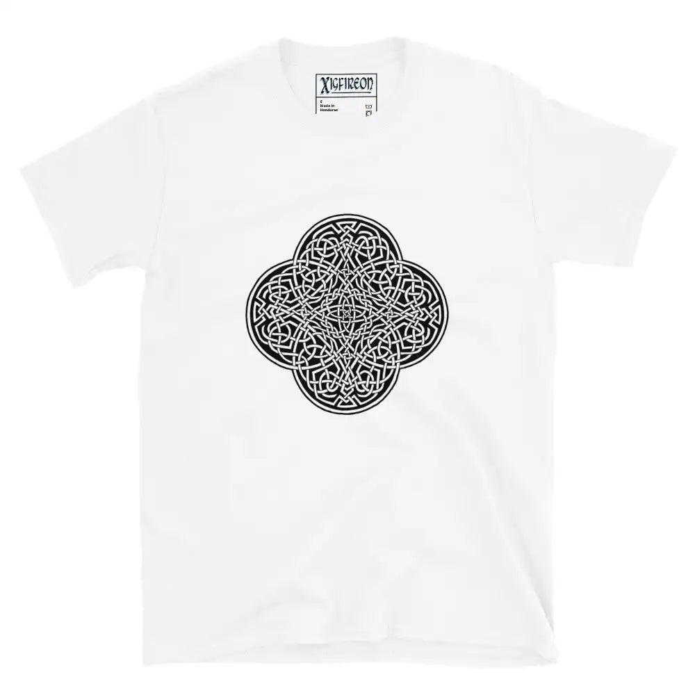 A white Xigfireon graphic t-shirt featuring the Black & White Solid iteration of the Reach Of The Spirit Celtic knot design. The Reach Of The Spirit Celtic knot represents Mother Earth.