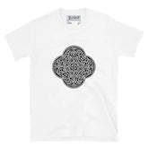 A white Xigfireon graphic t-shirt featuring the Black & White Solid iteration of the Reach Of The Spirit Celtic knot design. The Reach Of The Spirit Celtic knot represents Mother Earth.