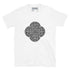 A white Xigfireon graphic t-shirt featuring the Black & White Solid iteration of the Reach Of The Spirit Celtic knot design. The Reach Of The Spirit Celtic knot represents Mother Earth.