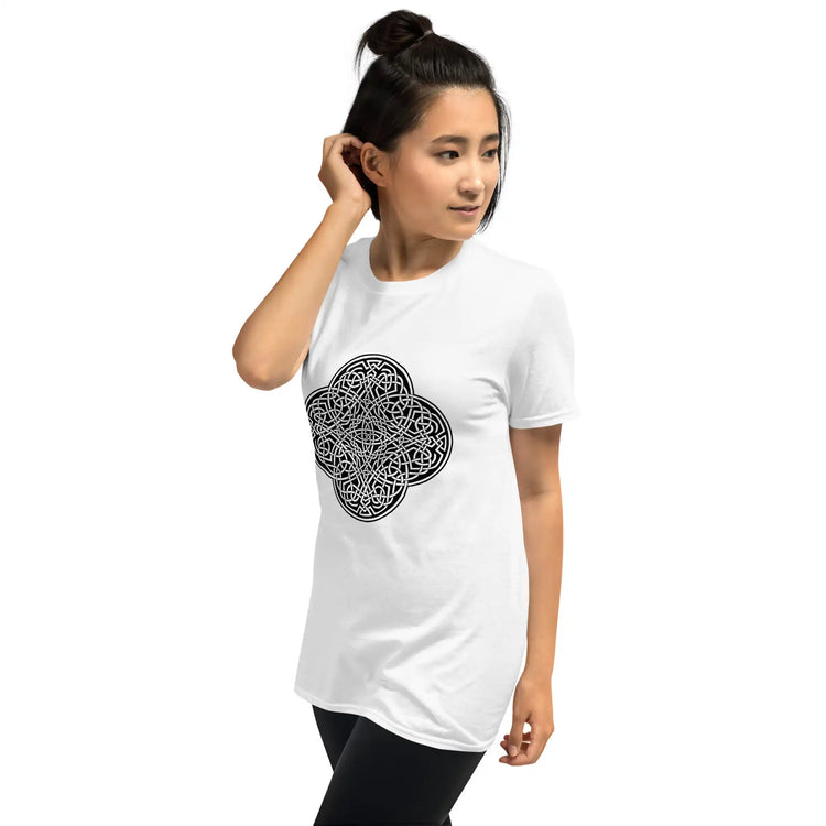 A young woman wearing a white Xigfireon graphic t-shirt featuring the Black & White Solid iteration of the Reach Of The Spirit Celtic knot design. The Reach Of The Spirit Celtic knot symbolizes Mother Earth.