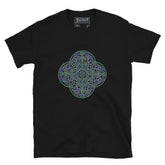 A black Xigfireon graphic t-shirt featuring the Living Colour iteration of the Reach Of The Spirit Celtic knot design. The Reach Of The Spirit Celtic knot symbolizes the Earth.