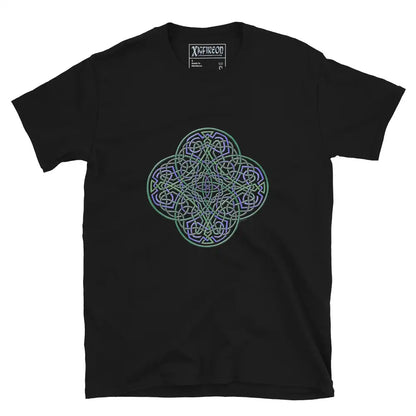A black Xigfireon graphic t-shirt featuring the Living Colour iteration of the Reach Of The Spirit Celtic knot design. The Reach Of The Spirit Celtic knot symbolizes the Earth.