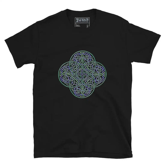 A black Xigfireon graphic t-shirt featuring the Living Colour iteration of the Reach Of The Spirit Celtic knot design. The Reach Of The Spirit Celtic knot symbolizes the Earth.