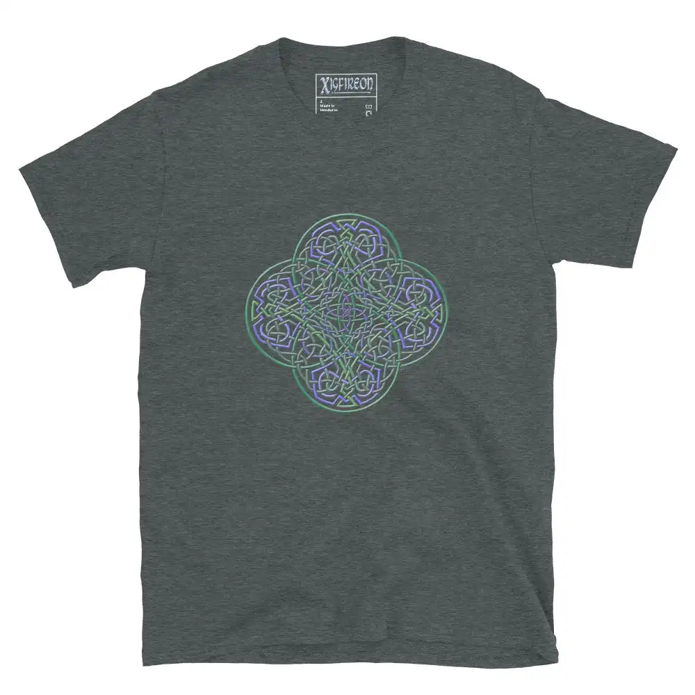 A dark heather Xigfireon graphic t-shirt featuring the Living Colour iteration of the Reach Of The Spirit Celtic knot design. The Reach Of The Spirit Celtic knot symbolizes the Earth.