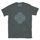 A dark heather Xigfireon graphic t-shirt featuring the Living Colour iteration of the Reach Of The Spirit Celtic knot design. The Reach Of The Spirit Celtic knot symbolizes the Earth.