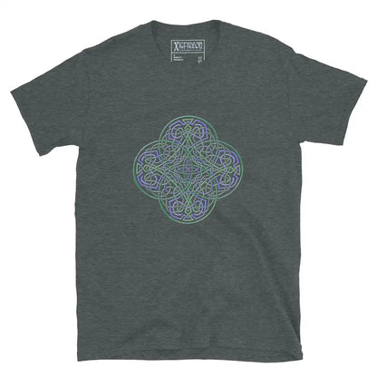A dark heather Xigfireon graphic t-shirt featuring the Living Colour iteration of the Reach Of The Spirit Celtic knot design. The Reach Of The Spirit Celtic knot symbolizes the Earth.
