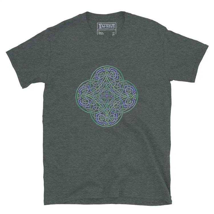 A dark heather Xigfireon graphic t-shirt featuring the Living Colour iteration of the Reach Of The Spirit Celtic knot design. The Reach Of The Spirit Celtic knot symbolizes the Earth.