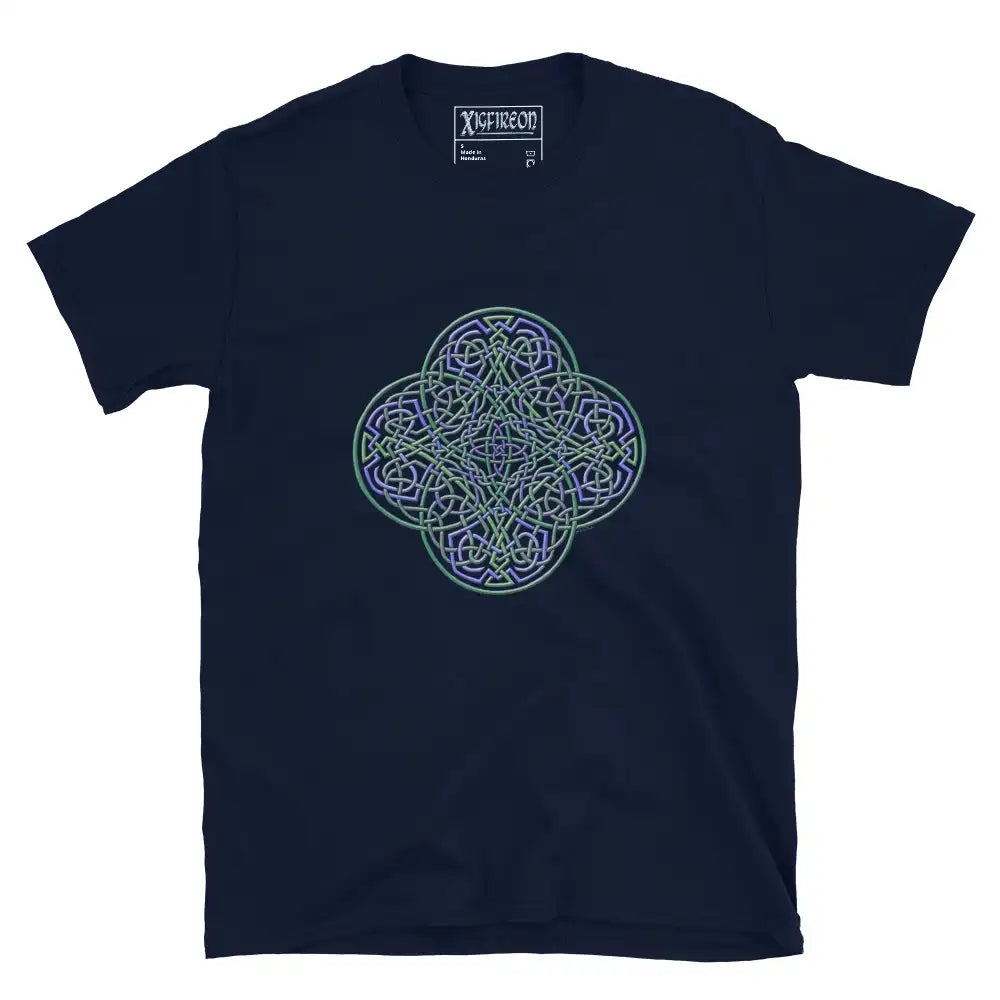 A navy blue Xigfireon graphic t-shirt featuring the Living Colour iteration of the Reach Of The Spirit Celtic knot design. The Reach Of The Spirit Celtic knot symbolizes the Earth.