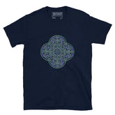 A navy blue Xigfireon graphic t-shirt featuring the Living Colour iteration of the Reach Of The Spirit Celtic knot design. The Reach Of The Spirit Celtic knot symbolizes the Earth.