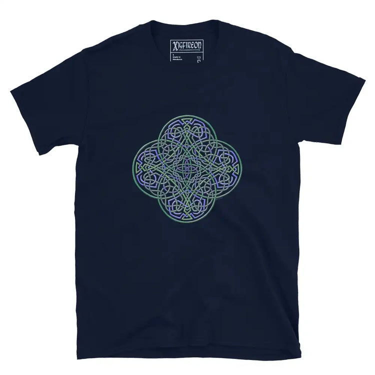 A navy blue Xigfireon graphic t-shirt featuring the Living Colour iteration of the Reach Of The Spirit Celtic knot design. The Reach Of The Spirit Celtic knot symbolizes the Earth.