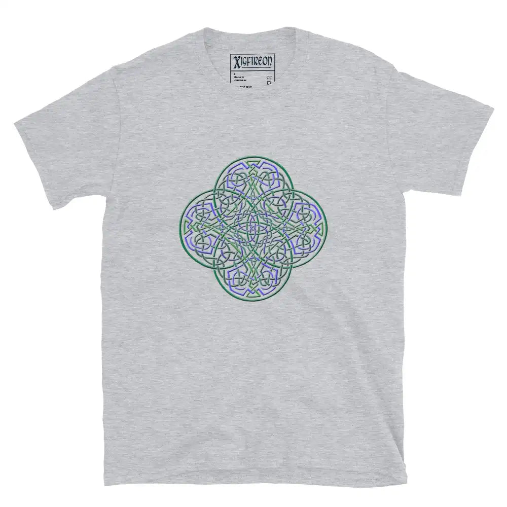 A sport grey Xigfireon graphic t-shirt featuring the Living Colour iteration of the Reach Of The Spirit Celtic knot design. The Reach Of The Spirit Celtic knot symbolizes the Earth.