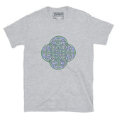 A sport grey Xigfireon graphic t-shirt featuring the Living Colour iteration of the Reach Of The Spirit Celtic knot design. The Reach Of The Spirit Celtic knot symbolizes the Earth.