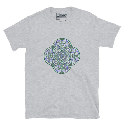A sport grey Xigfireon graphic t-shirt featuring the Living Colour iteration of the Reach Of The Spirit Celtic knot design. The Reach Of The Spirit Celtic knot symbolizes the Earth.