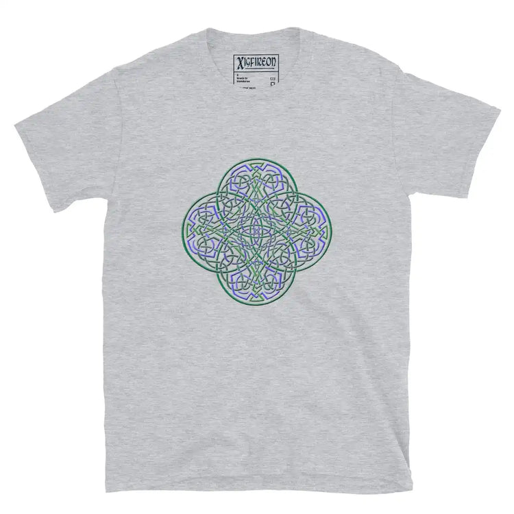 A sport grey Xigfireon graphic t-shirt featuring the Living Colour iteration of the Reach Of The Spirit Celtic knot design. The Reach Of The Spirit Celtic knot symbolizes the Earth.