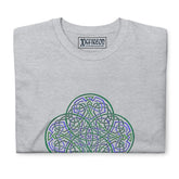 A folded sport grey Xigfireon graphic t-shirt featuring the Living Colour iteration of the Reach Of The Spirit Celtic knot design. The Reach Of The Spirit Celtic knot symbolizes the Earth.