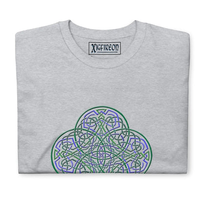 A folded sport grey Xigfireon graphic t-shirt featuring the Living Colour iteration of the Reach Of The Spirit Celtic knot design. The Reach Of The Spirit Celtic knot symbolizes the Earth.
