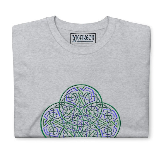 A folded sport grey Xigfireon graphic t-shirt featuring the Living Colour iteration of the Reach Of The Spirit Celtic knot design. The Reach Of The Spirit Celtic knot symbolizes the Earth.