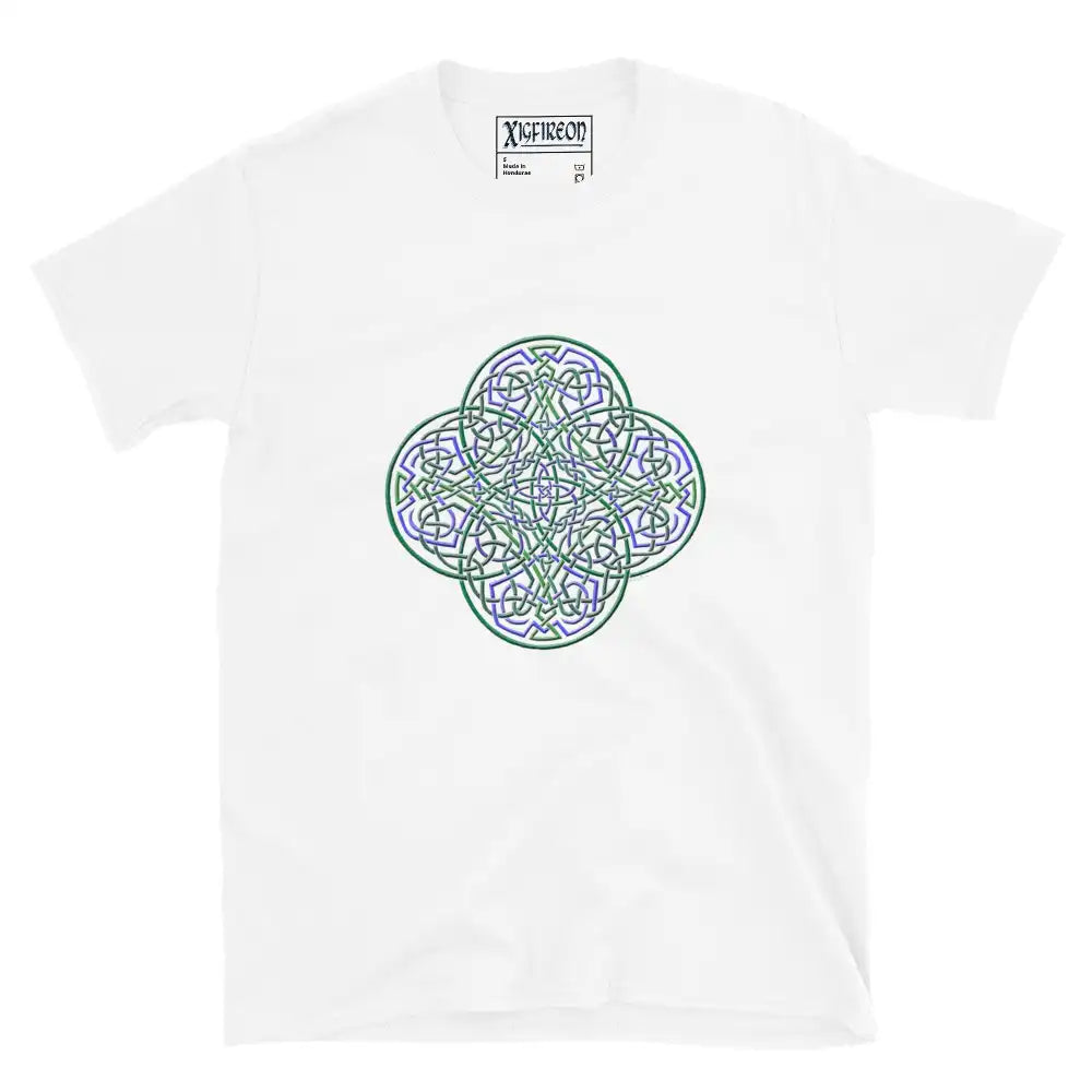 A white Xigfireon graphic t-shirt featuring the Living Colour iteration of the Reach Of The Spirit Celtic knot design. The Reach Of The Spirit Celtic knot symbolizes the Earth.