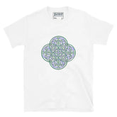 A white Xigfireon graphic t-shirt featuring the Living Colour iteration of the Reach Of The Spirit Celtic knot design. The Reach Of The Spirit Celtic knot symbolizes the Earth.