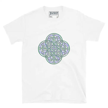 A white Xigfireon graphic t-shirt featuring the Living Colour iteration of the Reach Of The Spirit Celtic knot design. The Reach Of The Spirit Celtic knot symbolizes the Earth.