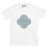 A white Xigfireon graphic t-shirt featuring the Living Colour iteration of the Reach Of The Spirit Celtic knot design. The Reach Of The Spirit Celtic knot symbolizes the Earth.