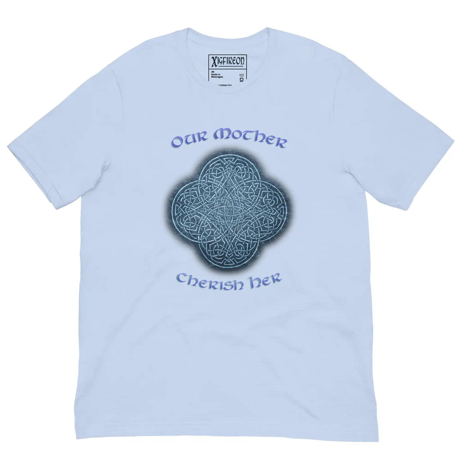 This baby blue graphic t-shirt features the Blue Slate iteration of the `Reach Of The Spirit` Celtic knot design along with a message in a Celtic font: "Our Mother, Cherish Her".