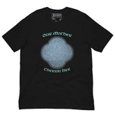 This black graphic t-shirt features the Blue Slate iteration of the `Reach Of The Spirit` Celtic knot design along with a message in a Celtic font: "Our Mother, Cherish Her".
