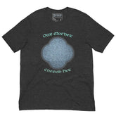 This dark grey heather graphic t-shirt features the Blue Slate iteration of the `Reach Of The Spirit` Celtic knot design along with a message in a Celtic font: "Our Mother, Cherish Her".