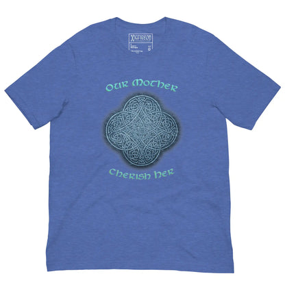 This heather true royal blue graphic t-shirt features the Blue Slate iteration of the Reach Of The Spirit Celtic knot design along with a message in a Celtic font: "Our Mother, Cherish Her".