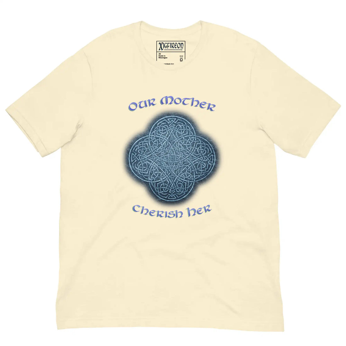 This naturally colored graphic t-shirt features the Blue Slate iteration of the Reach Of The Spirit Celtic knot design along with a message in a Celtic font: "Our Mother, Cherish Her".