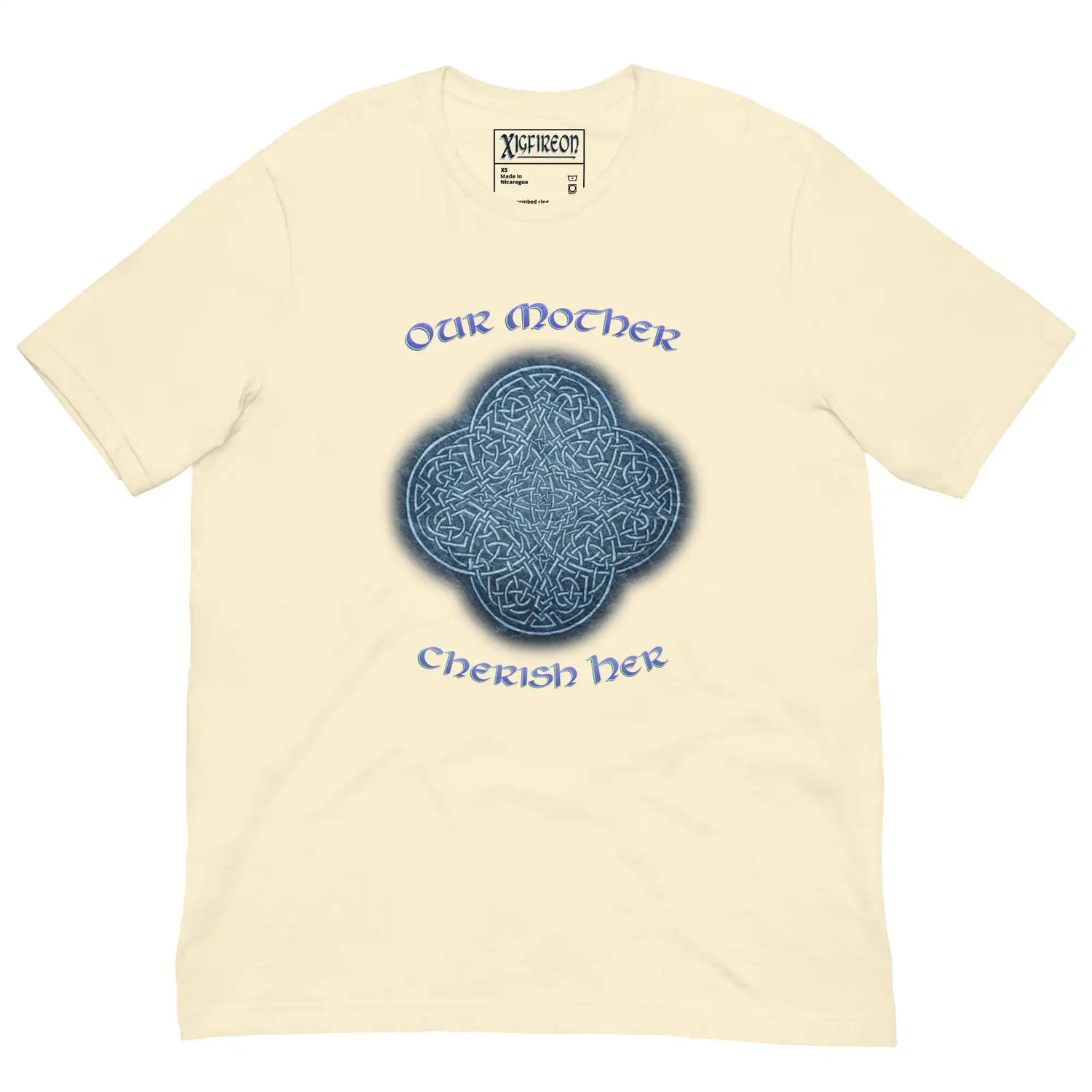 This naturally colored graphic t-shirt features the Blue Slate iteration of the `Reach Of The Spirit` Celtic knot design along with a message in a Celtic font: "Our Mother, Cherish Her".