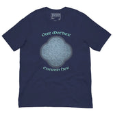 This navy blue graphic t-shirt features the Blue Slate iteration of the `Reach Of The Spirit` Celtic knot design along with a message in a Celtic font: "Our Mother, Cherish Her".