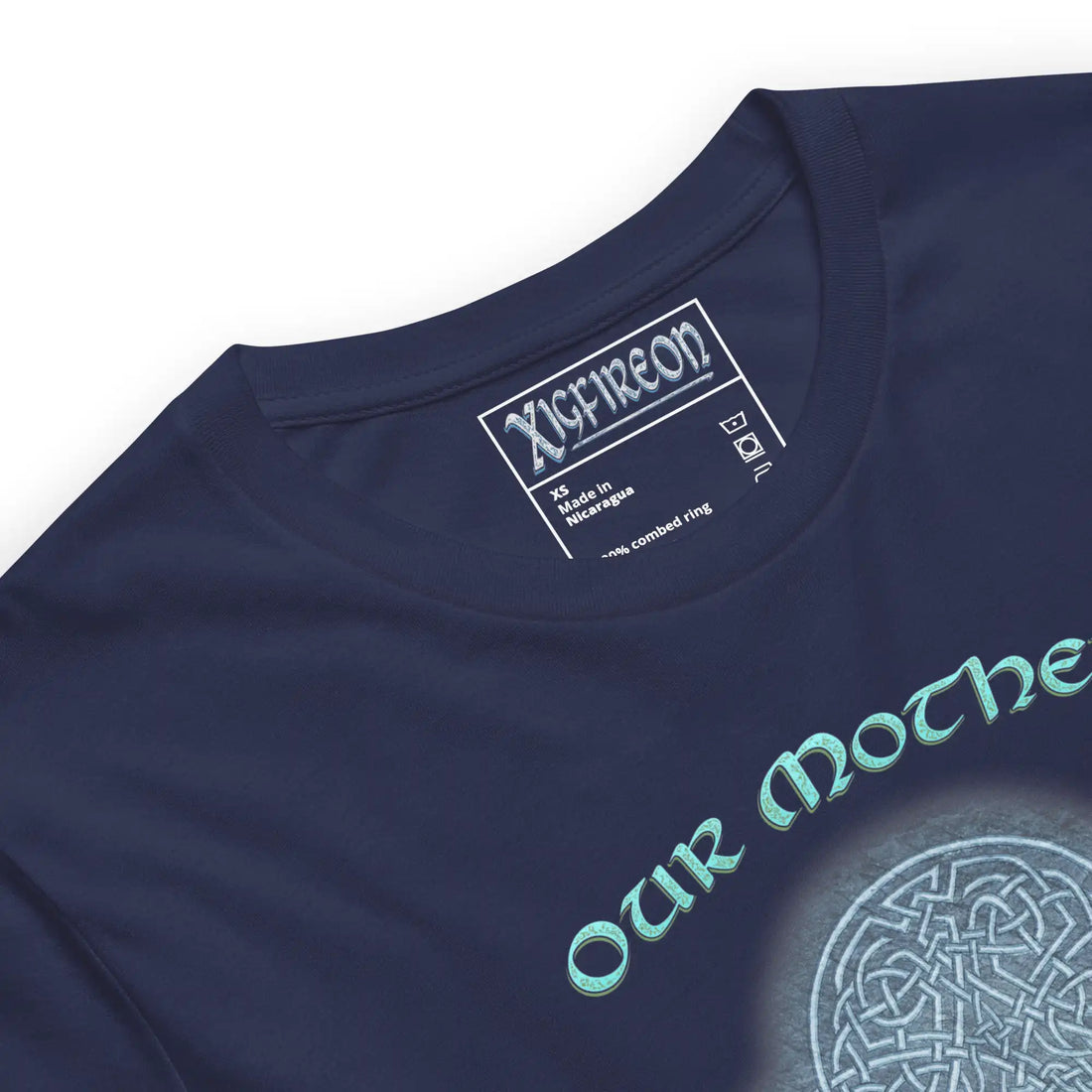 A close up of a navy blue graphic t-shirt featuring the Blue Slate iteration of the Reach Of The Spirit Celtic knot design along with a message in a Celtic font: "Our Mother, Cherish Her".