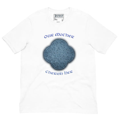 This white graphic t-shirt features the Blue Slate iteration of the Reach Of The Spirit Celtic knot design along with a message in a Celtic font: "Our Mother, Cherish Her".