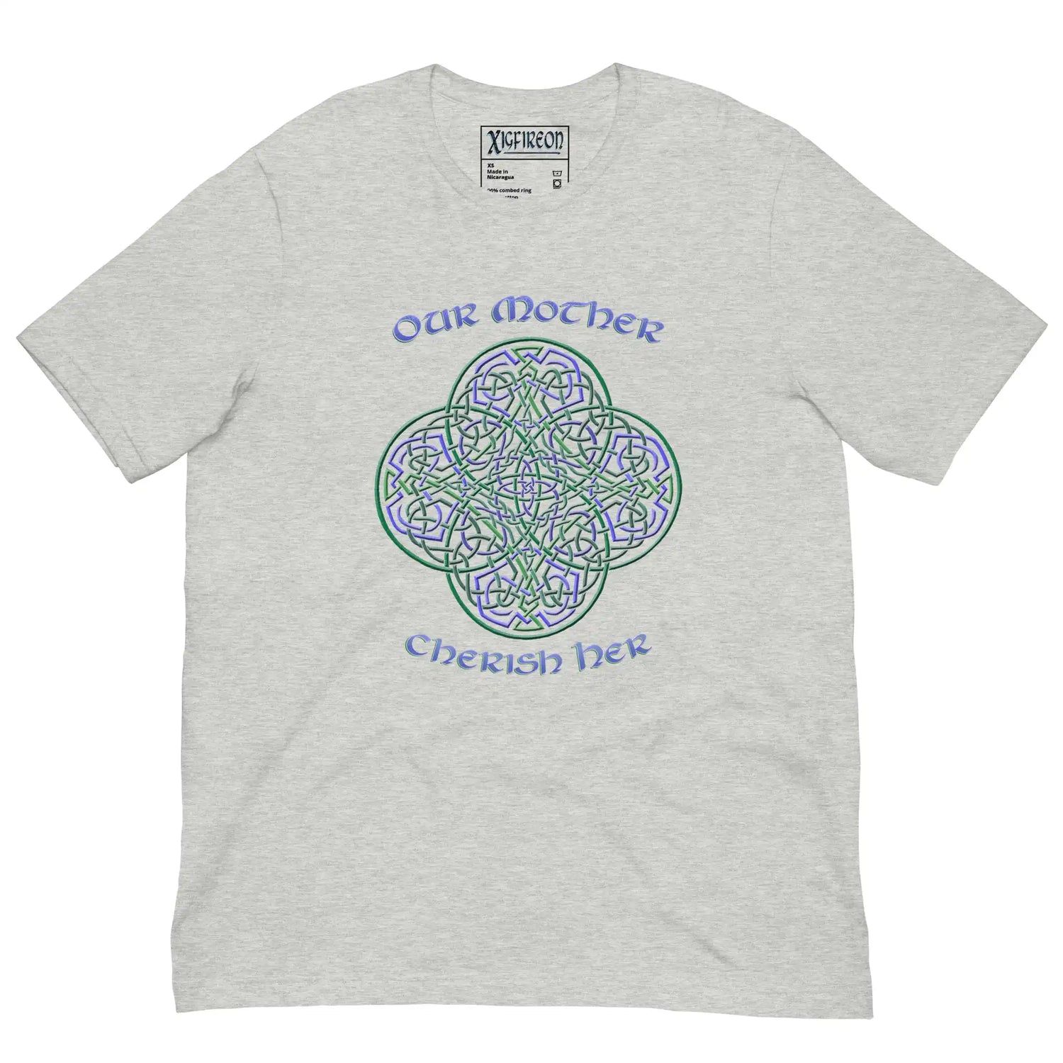 This athletic heather grey graphic t-shirt features the Living Colour iteration of the `Reach Of The Spirit` Celtic knot design along with a message in a Celtic font: "Our Mother, Cherish Her".