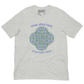 This athletic heather grey graphic t-shirt features the Living Colour iteration of the `Reach Of The Spirit` Celtic knot design along with a message in a Celtic font: "Our Mother, Cherish Her".