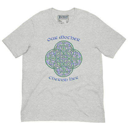 This athletic heather grey graphic t-shirt features the Living Colour iteration of the Reach Of The Spirit Celtic knot design along with a message in a Celtic font: "Our Mother, Cherish Her".