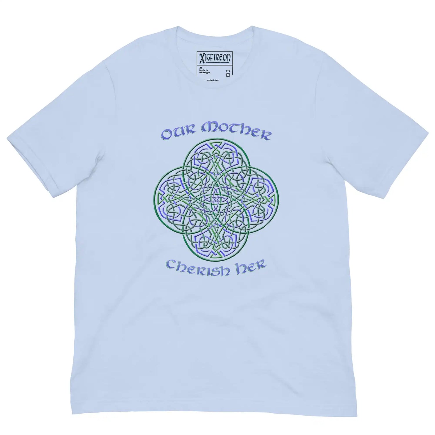This baby blue graphic t-shirt features the Living Colour iteration of the `Reach Of The Spirit` Celtic knot design along with a message in a Celtic font: "Our Mother, Cherish Her".