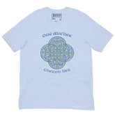 This baby blue graphic t-shirt features the Living Colour iteration of the `Reach Of The Spirit` Celtic knot design along with a message in a Celtic font: "Our Mother, Cherish Her".