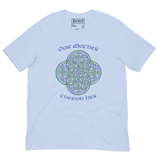 This baby blue graphic t-shirt features the Living Colour iteration of the `Reach Of The Spirit` Celtic knot design along with a message in a Celtic font: "Our Mother, Cherish Her".