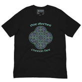This black graphic t-shirt features the Living Colour iteration of the Reach Of The Spirit Celtic knot design along with a message in a Celtic font: "Our Mother, Cherish Her".