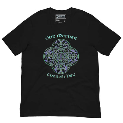 This black graphic t-shirt features the Living Colour iteration of the Reach Of The Spirit Celtic knot design along with a message in a Celtic font: "Our Mother, Cherish Her".