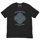 This black heather graphic t-shirt features the Living Colour iteration of the Reach Of The Spirit Celtic knot design along with a message in a Celtic font: "Our Mother, Cherish Her".