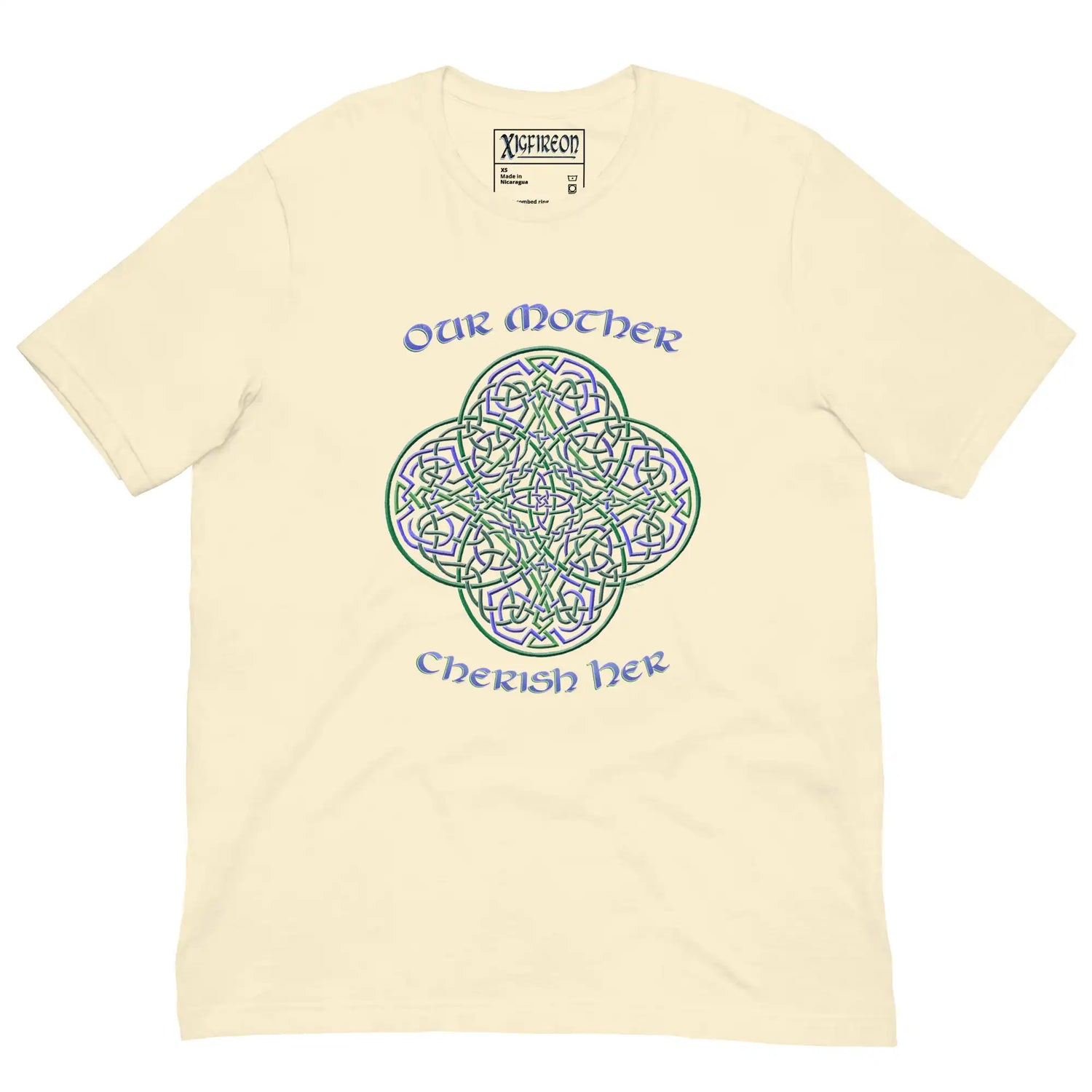 This naturally colored graphic t-shirt features the Living Colour iteration of the `Reach Of The Spirit` Celtic knot design along with a message in a Celtic font: "Our Mother, Cherish Her".
