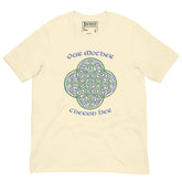 This naturally colored graphic t-shirt features the Living Colour iteration of the `Reach Of The Spirit` Celtic knot design along with a message in a Celtic font: "Our Mother, Cherish Her".