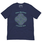 This navy blue graphic t-shirt features the Living Colour iteration of the Reach Of The Spirit Celtic knot design along with a message in a Celtic font: "Our Mother, Cherish Her".