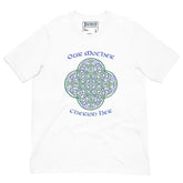 This white graphic t-shirt features the Living Colour iteration of the `Reach Of The Spirit` Celtic knot design along with a message in a Celtic font: "Our Mother, Cherish Her".