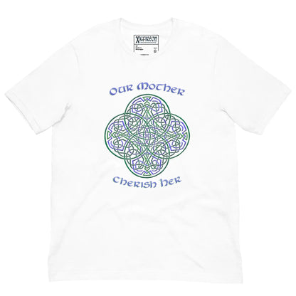 This white graphic t-shirt features the Living Colour iteration of the Reach Of The Spirit Celtic knot design along with a message in a Celtic font: "Our Mother, Cherish Her".